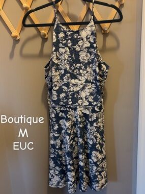 Floral Halter A-Line Dress in Navy and White